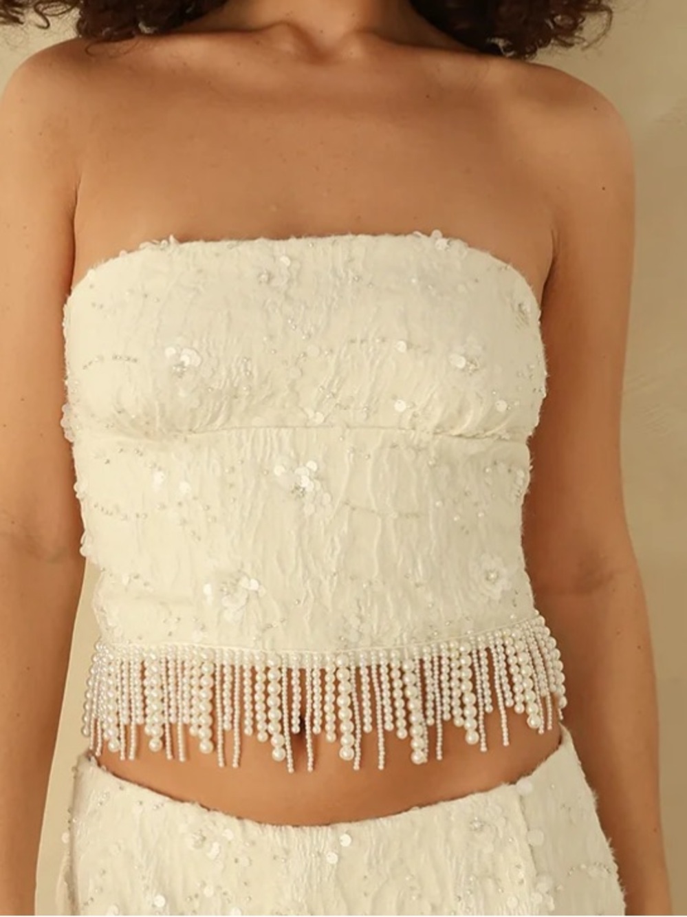 Dippin Daisys Beaded Cream Strapless Fringe Crop Top